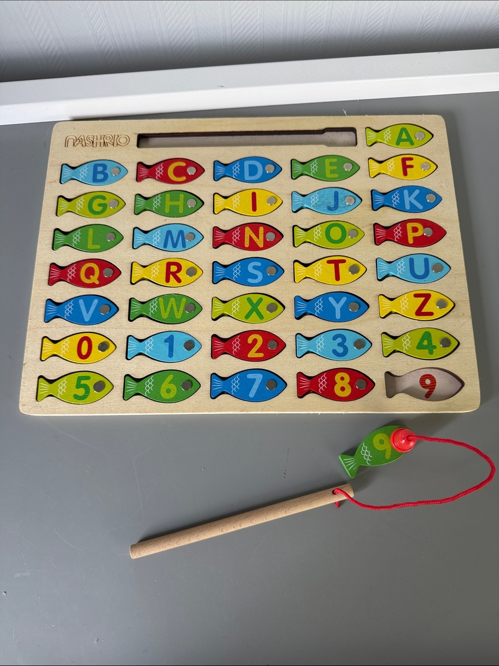 Wooden Magnetic Fishing Board Toy - Alphabet & Numbers (Green/Blue/Red/Yellow)
